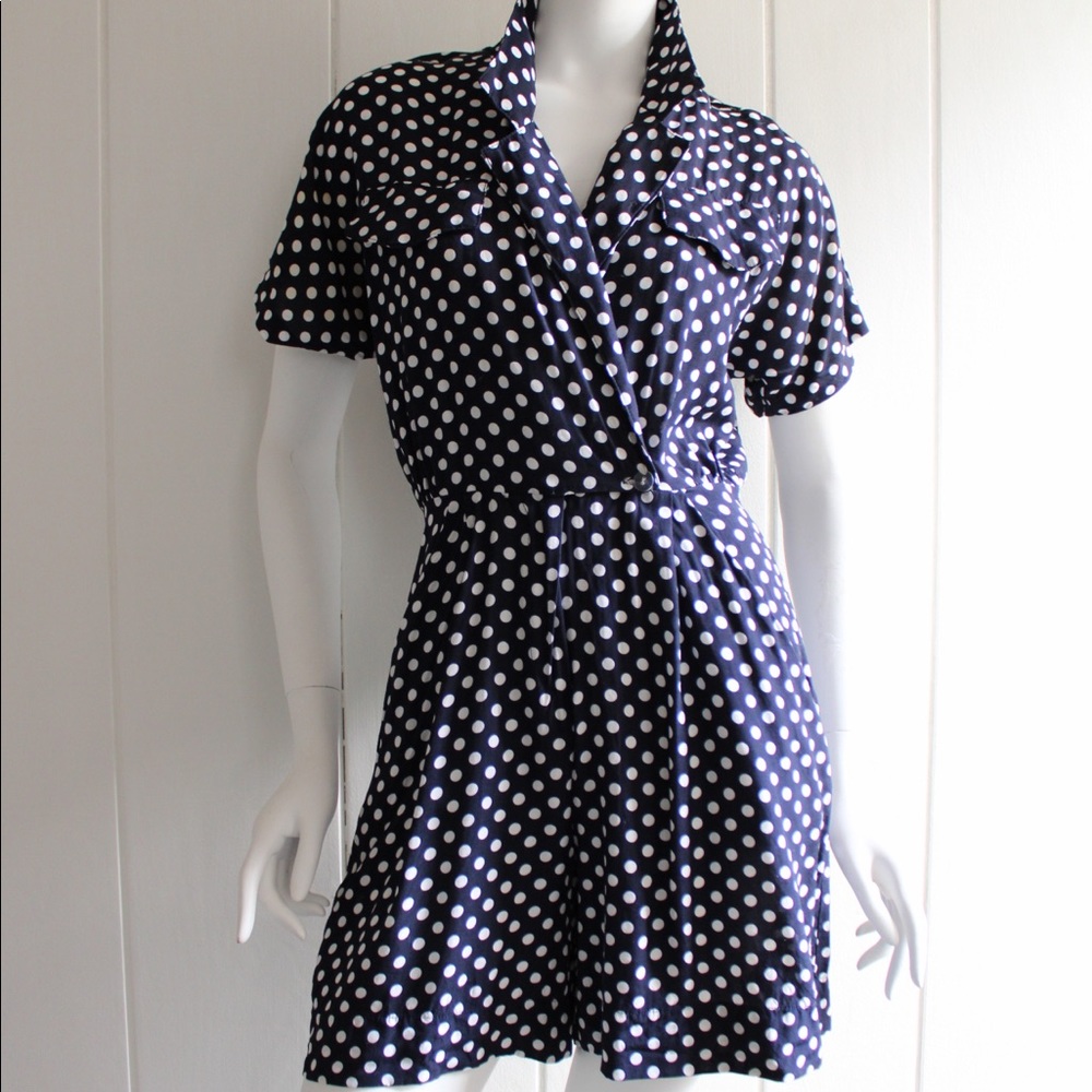 1980s Vintage Navy + White Polka Dot Romper Shorts One Piece